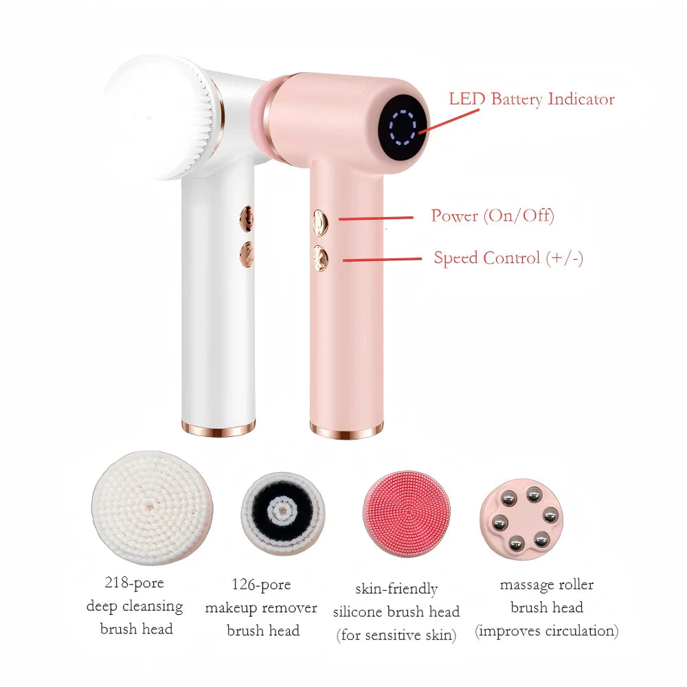 Electric Facial Cleansing Brush 4-in-1 Waterproof Rotating Soft Silicone Massager Deep Pore Cleaner Rechargeable Beauty Tool